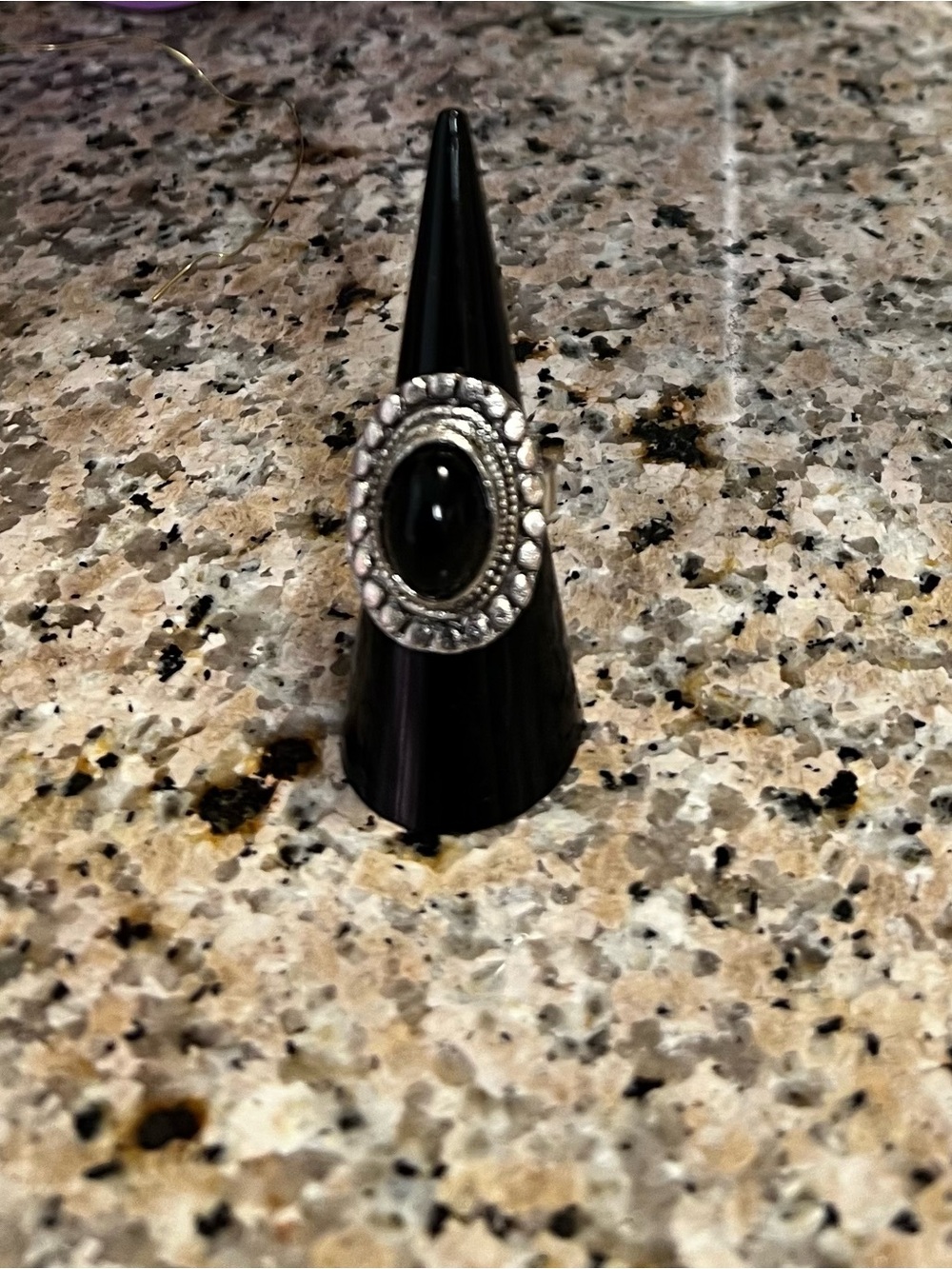 Silver-Tone Black Stone Oval Cocktail Adjustable Ring (Adjustable 7 1/2 to 10)
